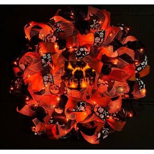 Pre Lit Halloween Wreath Glowing Skull Light Up 24 Inch Handmade Deco Mesh